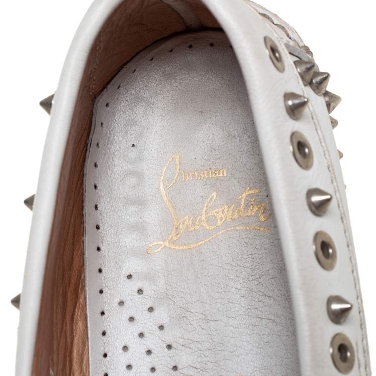 Pre Owned Christian Louboutin White Studded Leather Yacht Spikes Driver Loafers Size 37.5