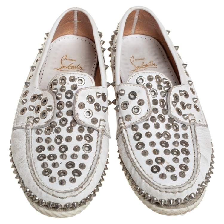 Pre Owned Christian Louboutin White Studded Leather Yacht Spikes Driver Loafers Size 37.5