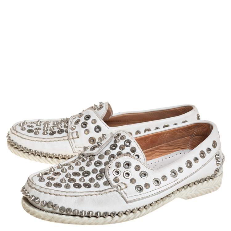 Pre Owned Christian Louboutin White Studded Leather Yacht Spikes Driver Loafers Size 37.5