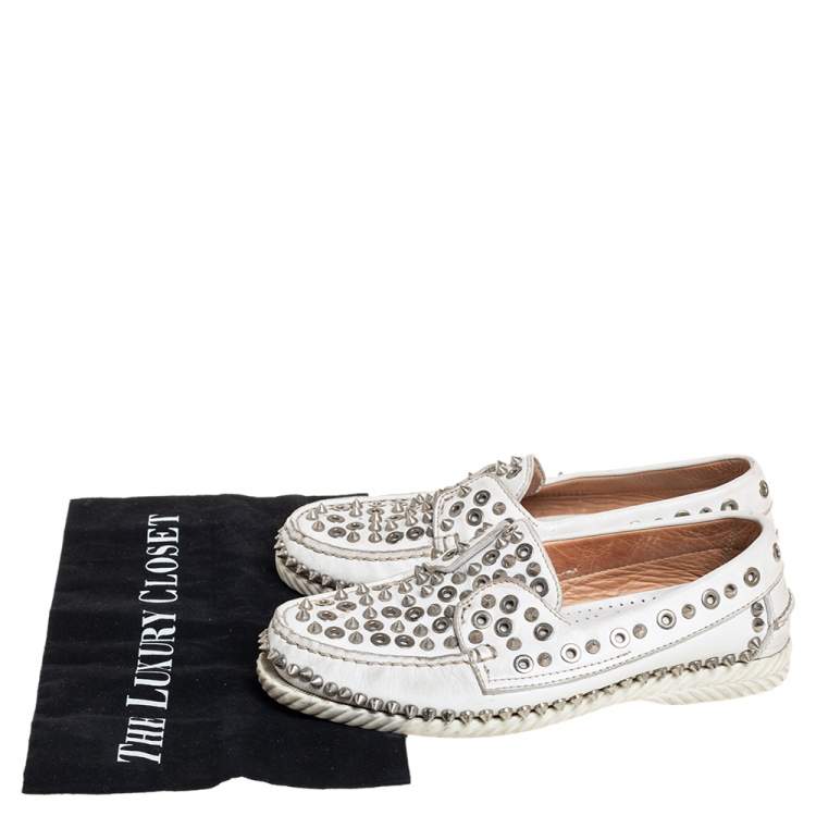 Pre Owned Christian Louboutin White Studded Leather Yacht Spikes Driver Loafers Size 37.5