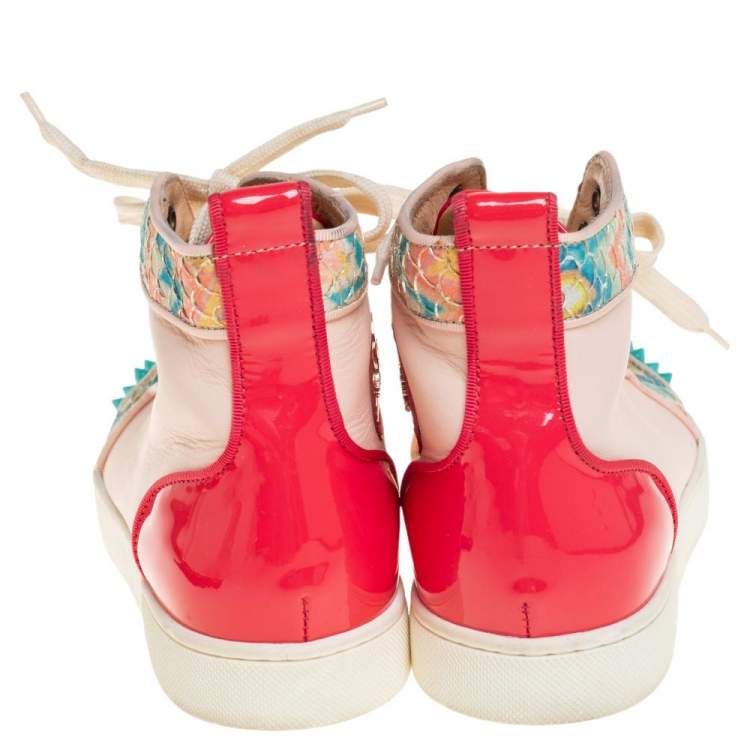 Pre Owned Christian Louboutin Multicolor Patent And Leather Louis Spikes High-Top Sneakers Size 38