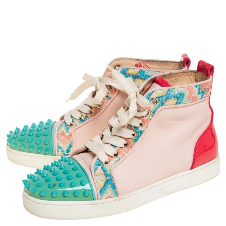 Pre Owned Christian Louboutin Multicolor Patent And Leather Louis Spikes High-Top Sneakers Size 38
