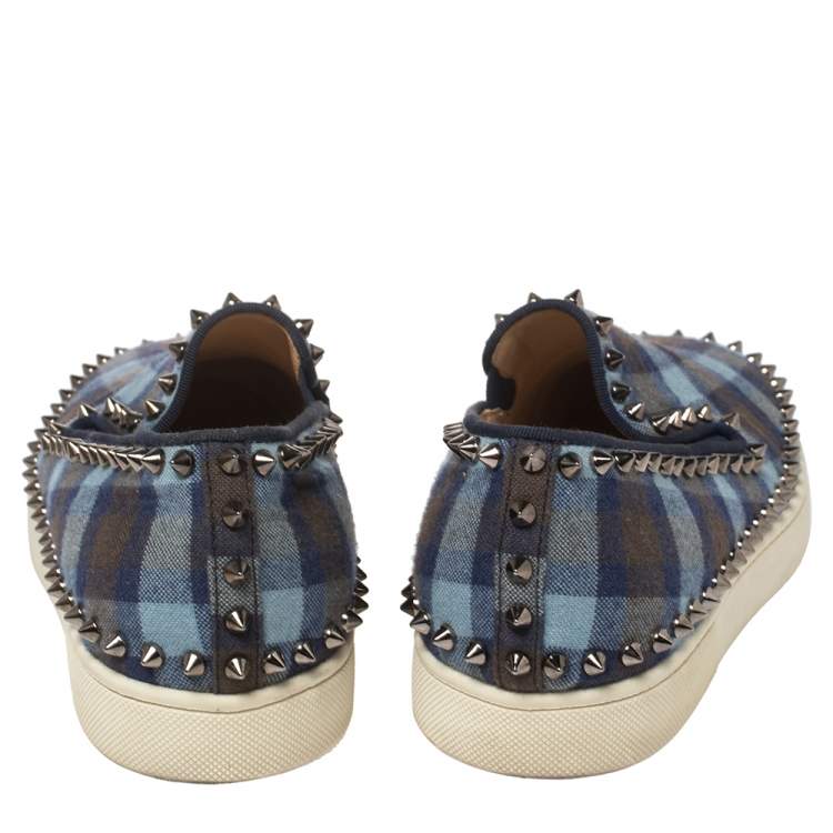 مملوكة مسبقًا Christian Louboutin Blue Check Fabric Pik Boat Slip On Sneakers Size 38.5