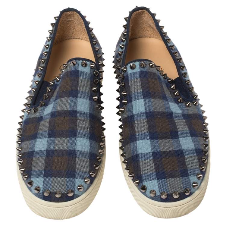 مملوكة مسبقًا Christian Louboutin Blue Check Fabric Pik Boat Slip On Sneakers Size 38.5