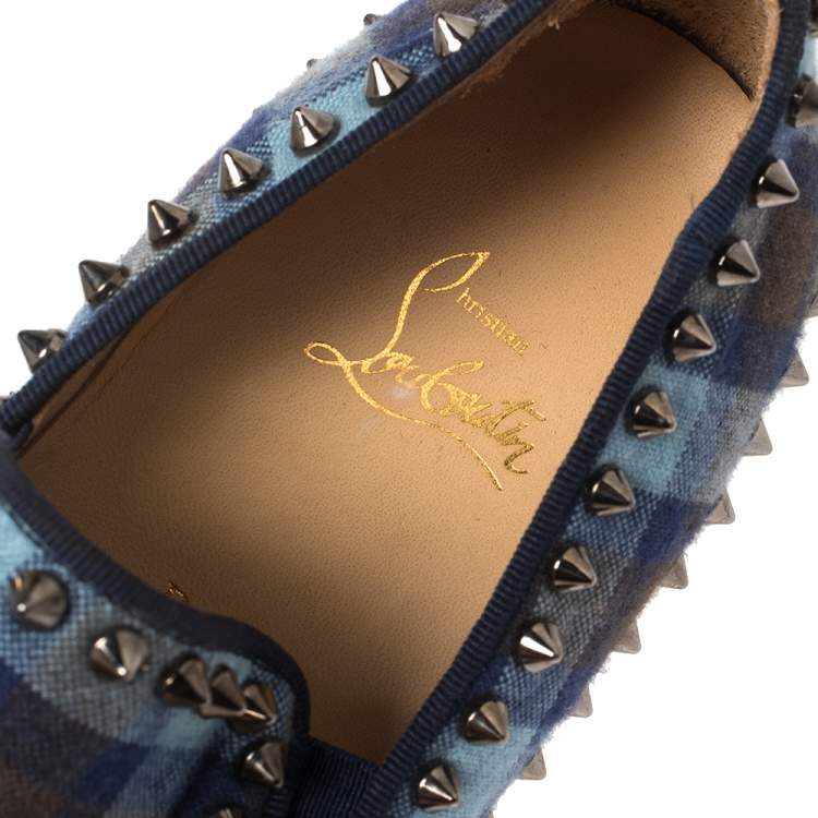 مملوكة مسبقًا Christian Louboutin Blue Check Fabric Pik Boat Slip On Sneakers Size 38.5