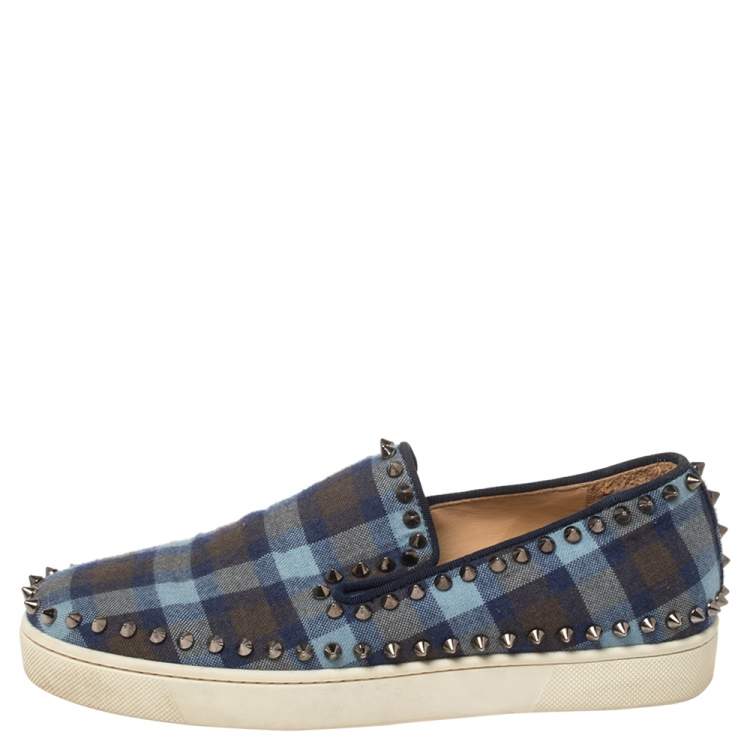 مملوكة مسبقًا Christian Louboutin Blue Check Fabric Pik Boat Slip On Sneakers Size 38.5