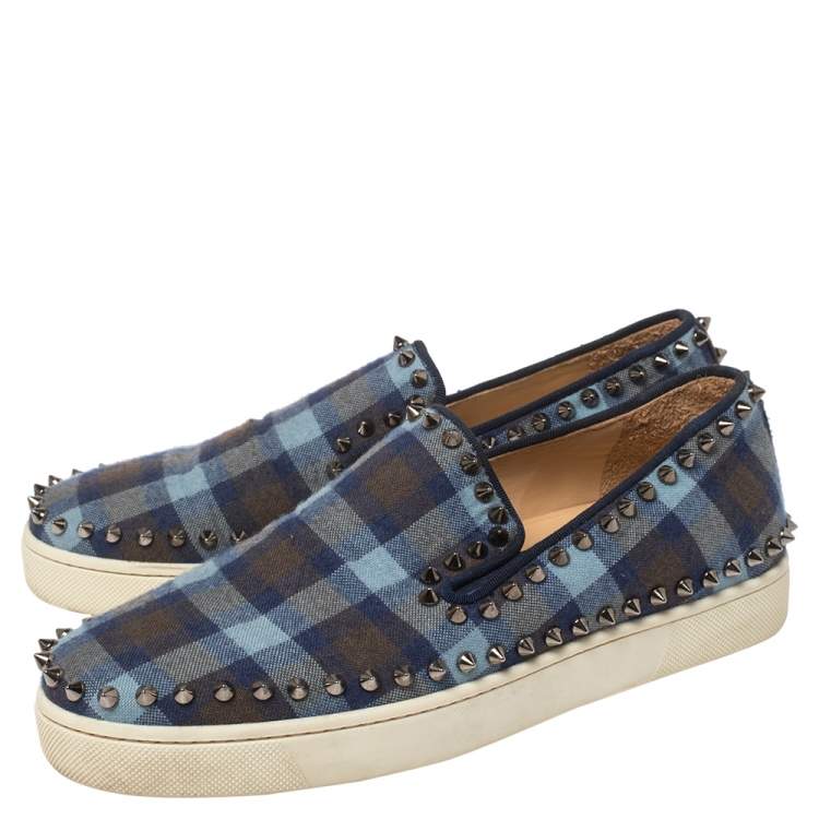 مملوكة مسبقًا Christian Louboutin Blue Check Fabric Pik Boat Slip On Sneakers Size 38.5