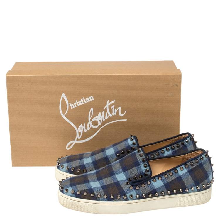 مملوكة مسبقًا Christian Louboutin Blue Check Fabric Pik Boat Slip On Sneakers Size 38.5