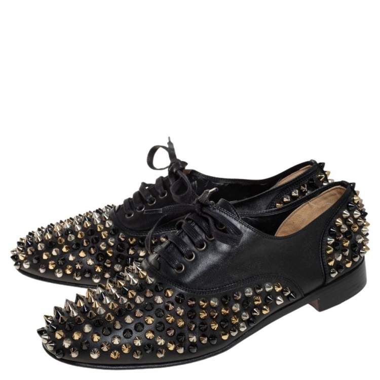 Pre Owned Christian Louboutin Black Leather 'Freddy' Spike Lace Up Oxfords Size 38