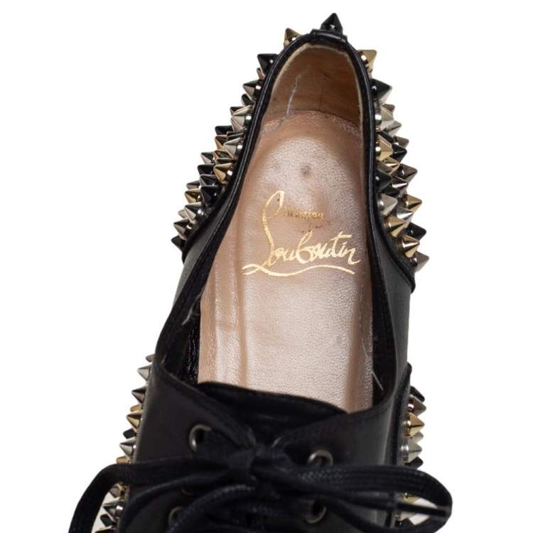 Pre Owned Christian Louboutin Black Leather 'Freddy' Spike Lace Up Oxfords Size 38