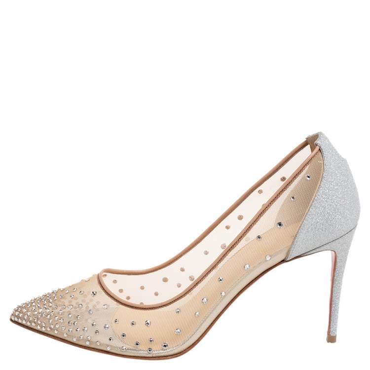 Christian Louboutin Follies 85 Crystal-embellished Mesh And  Glittered-leather Pumps in Metallic