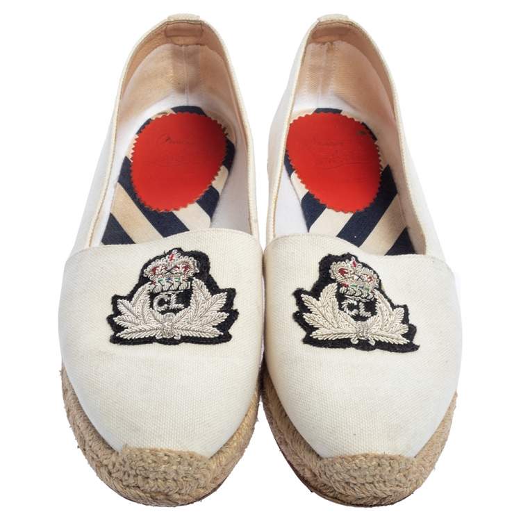 Pre Owned Christian Louboutin White Canvas Gala Embroidered Espadrille Flats Size 36