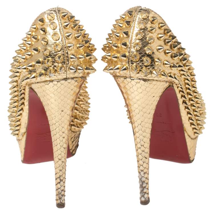 Pre Owned Christian Louboutin Metallic Gold Python Leather Lady Peep Toe Spike Platform Pumps Size 35
