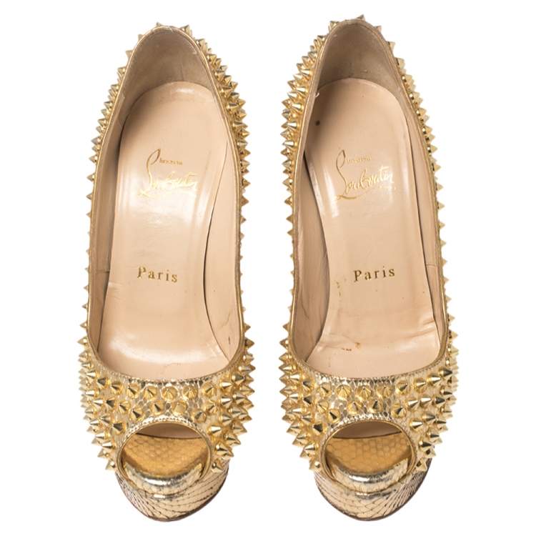 Pre Owned Christian Louboutin Metallic Gold Python Leather Lady Peep Toe Spike Platform Pumps Size 35