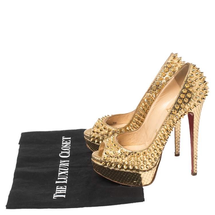 Pre Owned Christian Louboutin Metallic Gold Python Leather Lady Peep Toe Spike Platform Pumps Size 35