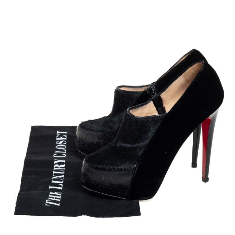 Pre Owned Christian Louboutin Black Satin And Pony Hair Booties Size 38