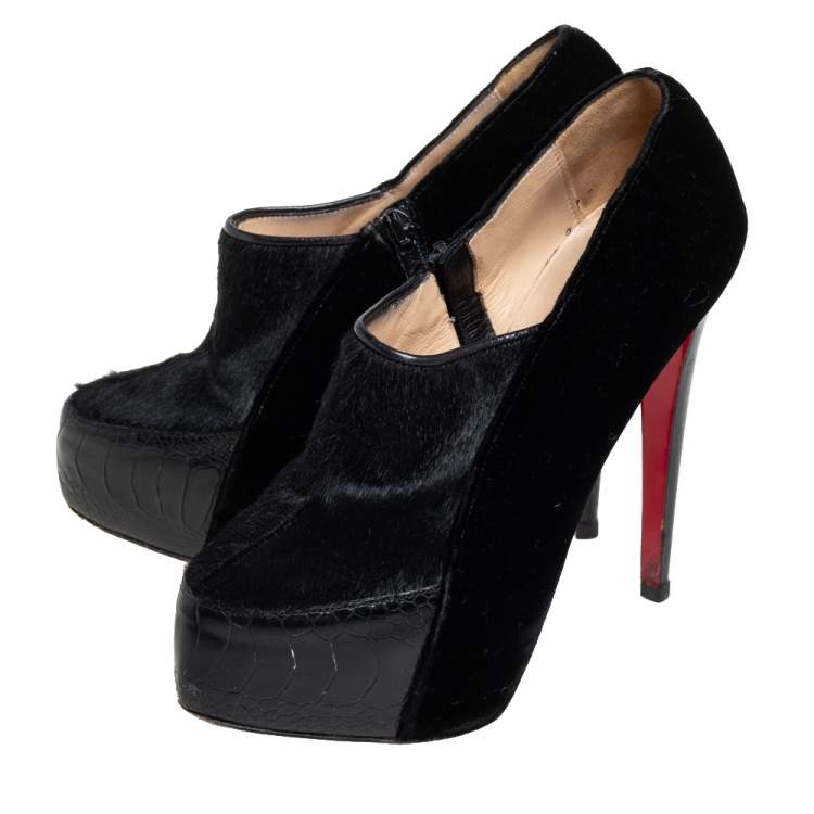 Pre Owned Christian Louboutin Black Satin And Pony Hair Booties Size 38