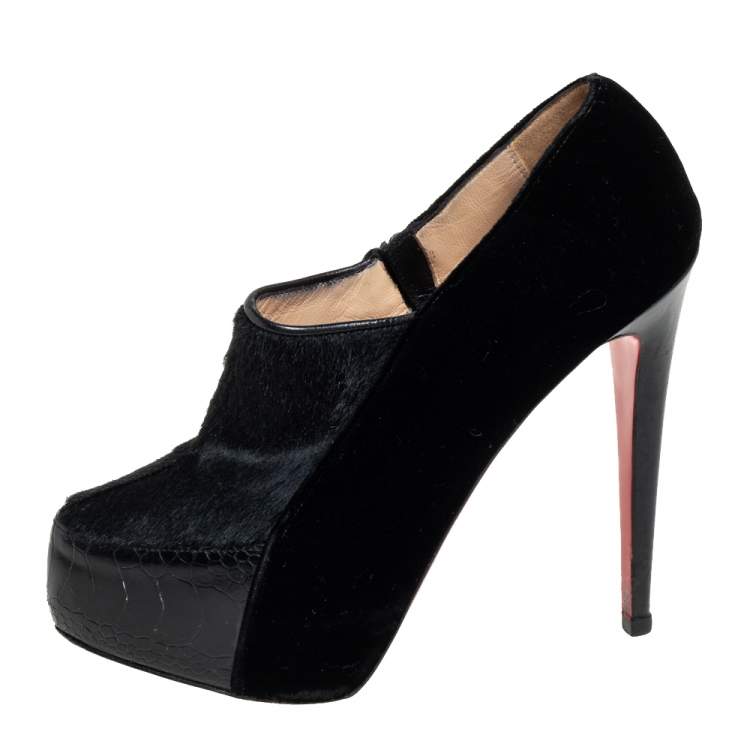 Pre Owned Christian Louboutin Black Satin And Pony Hair Booties Size 38