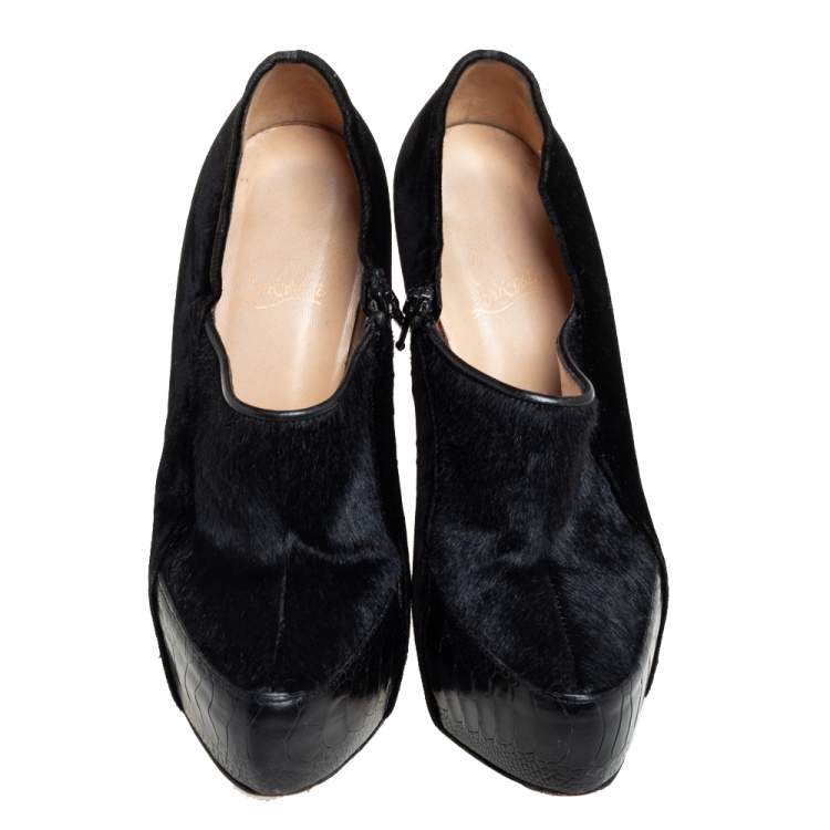 Pre Owned Christian Louboutin Black Satin And Pony Hair Booties Size 38