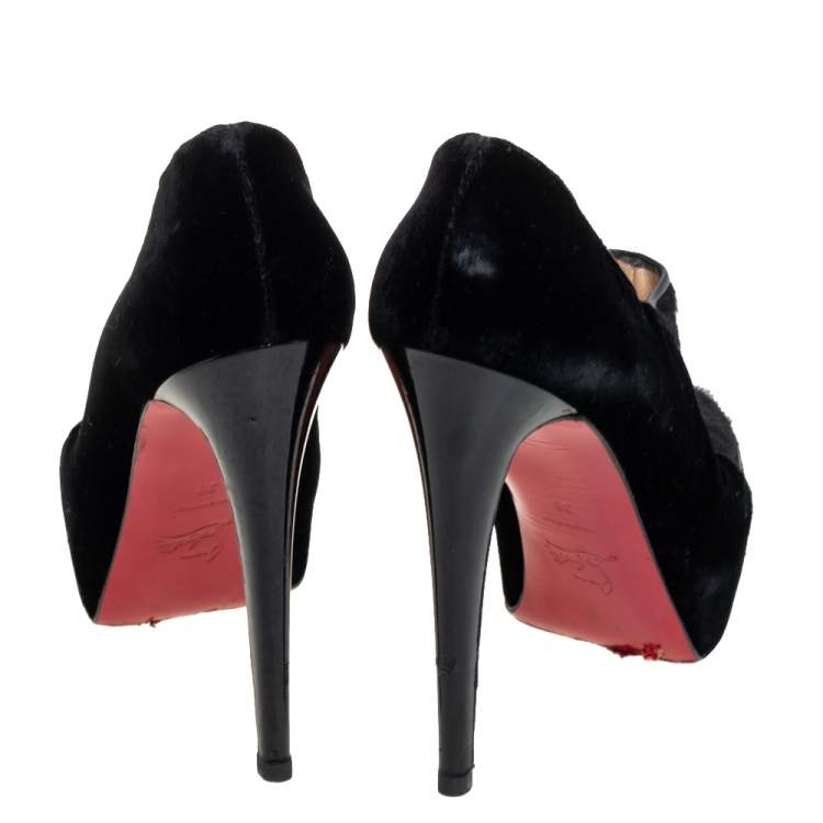 Pre Owned Christian Louboutin Black Satin And Pony Hair Booties Size 38