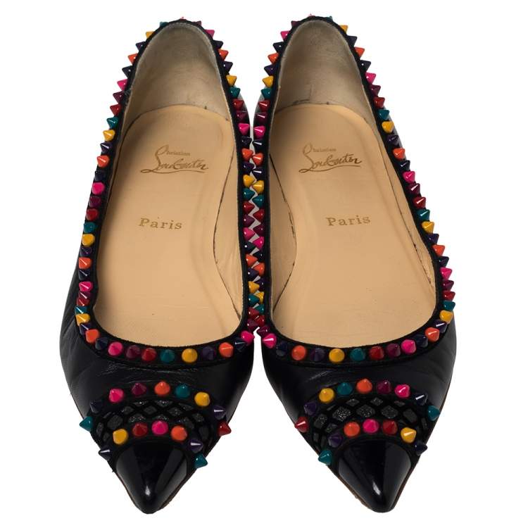 مملوكة مسبقًا Christian Louboutin Black Leather Embellished Ballet Flats Size 39.5