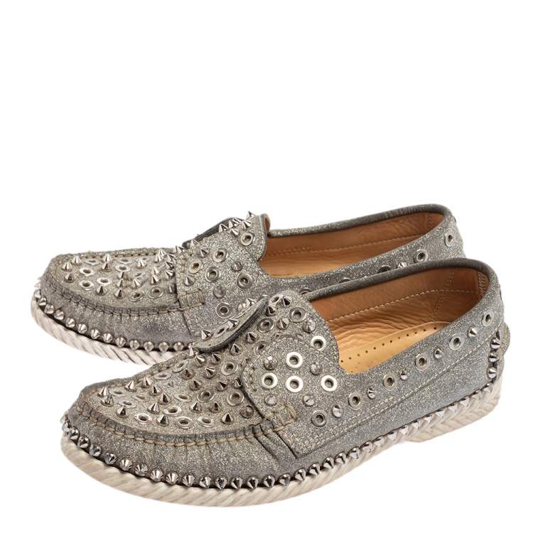 Pre Owned Christian Louboutin Silver Glitter Yacht Spikes Boat Shoe Size 38.5
