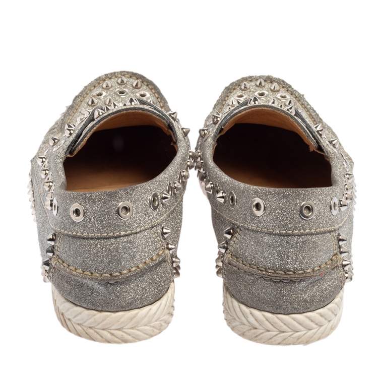 Pre Owned Christian Louboutin Silver Glitter Yacht Spikes Boat Shoe Size 38.5
