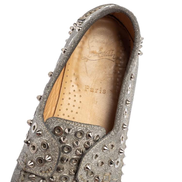 Pre Owned Christian Louboutin Silver Glitter Yacht Spikes Boat Shoe Size 38.5