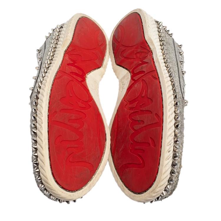 Pre Owned Christian Louboutin Silver Glitter Yacht Spikes Boat Shoe Size 38.5