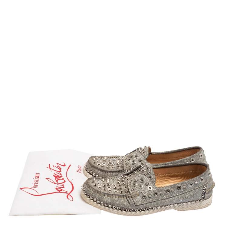 Pre Owned Christian Louboutin Silver Glitter Yacht Spikes Boat Shoe Size 38.5