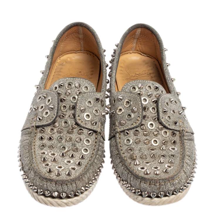 Pre Owned Christian Louboutin Silver Glitter Yacht Spikes Boat Shoe Size 38.5