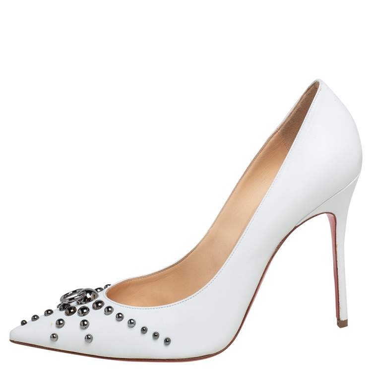 Christian Louboutin White Leather Door Knock Studded Pumps Size 38