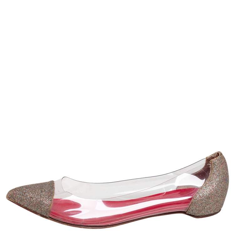 Pre Owned Christian Louboutin Gold Glitter and PVC Corbeau Pointed Toe Flats Size 38.5