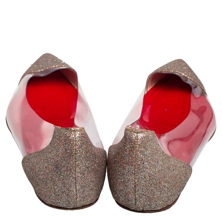 Pre Owned Christian Louboutin Gold Glitter and PVC Corbeau Pointed Toe Flats Size 38.5