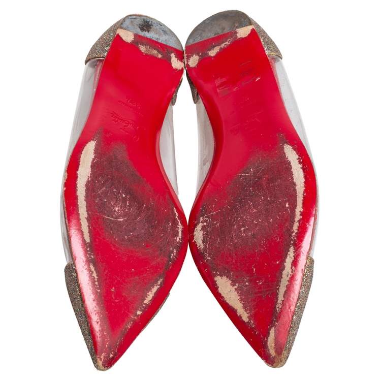 Pre Owned Christian Louboutin Gold Glitter and PVC Corbeau Pointed Toe Flats Size 38.5