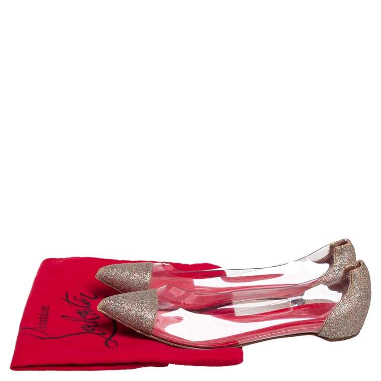 Pre Owned Christian Louboutin Gold Glitter and PVC Corbeau Pointed Toe Flats Size 38.5