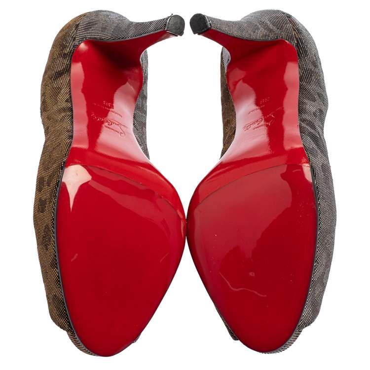 Pre Owned Christian Louboutin Metallic Silever/Brown Leopard Print Fabric Very Prive Peep Toe Pumps Size 38