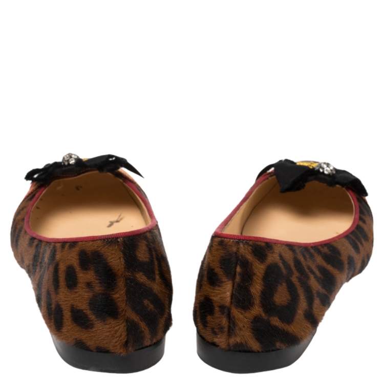 Pre Owned Christian Louboutin Brown/Black Pony Hair Captain Colonakki Embellished Bow Ballet Flats Size 39.5