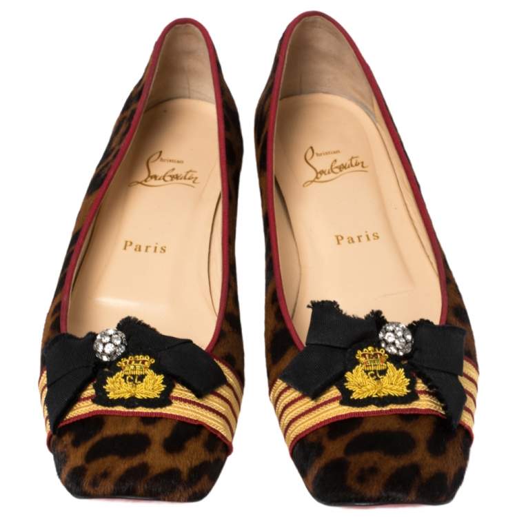 Pre Owned Christian Louboutin Brown/Black Pony Hair Captain Colonakki Embellished Bow Ballet Flats Size 39.5