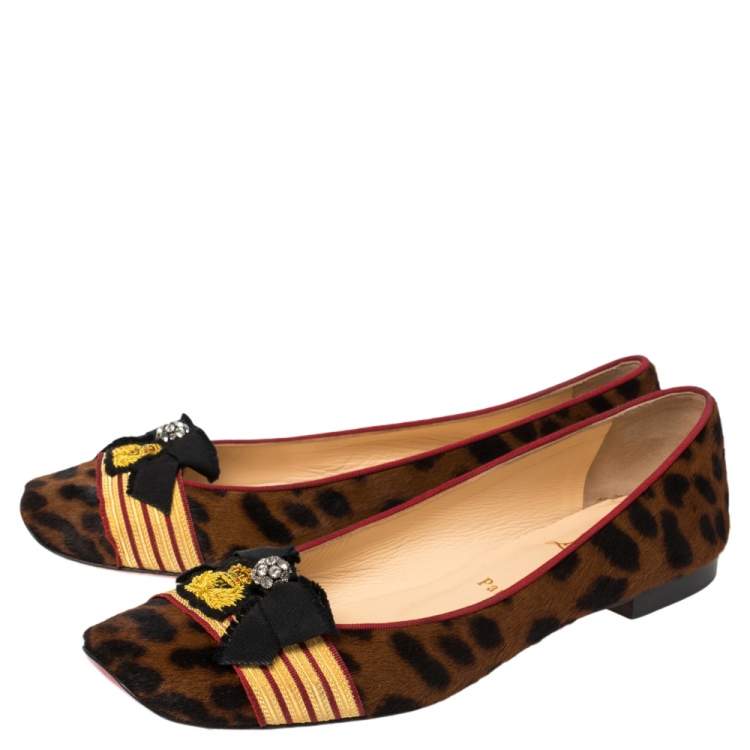 Pre Owned Christian Louboutin Brown/Black Pony Hair Captain Colonakki Embellished Bow Ballet Flats Size 39.5