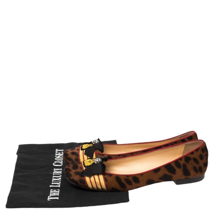Pre Owned Christian Louboutin Brown/Black Pony Hair Captain Colonakki Embellished Bow Ballet Flats Size 39.5