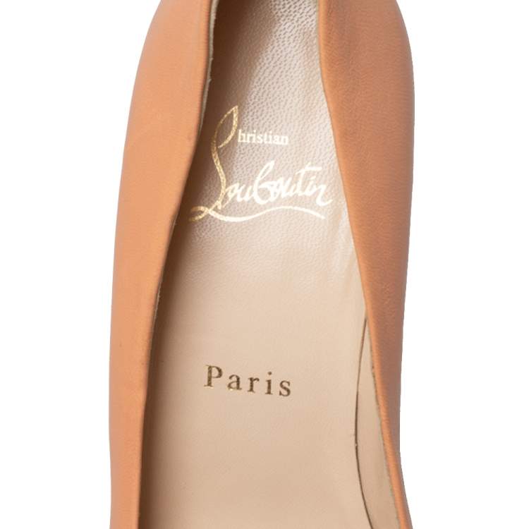 Pre Owned Christian Louboutin Peach Leather Peep Toe Wedge Pumps Size 38.5