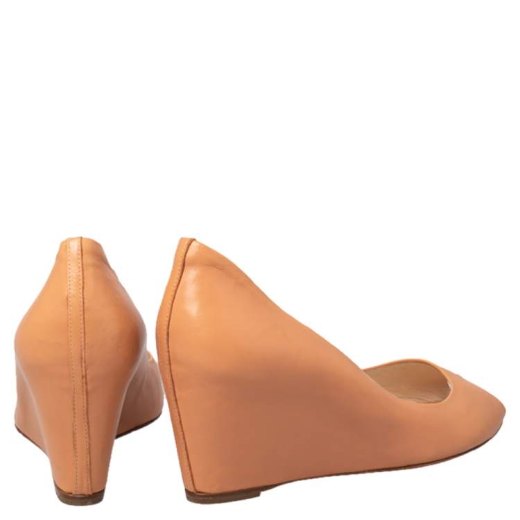 Pre Owned Christian Louboutin Peach Leather Peep Toe Wedge Pumps Size 38.5