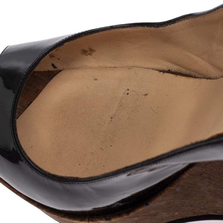 Pre Owned Christian Louboutin Black Patent Leather Une Plume Peep Toe Cork Slingback Wedges Size 41
