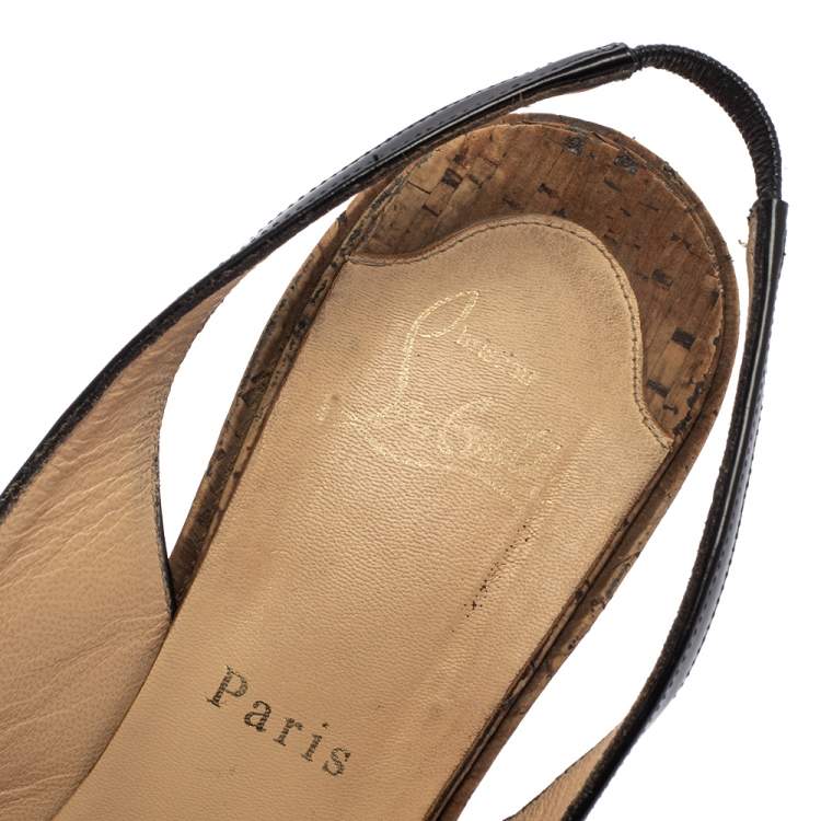 Pre Owned Christian Louboutin Black Patent Leather Une Plume Peep Toe Cork Slingback Wedges Size 41