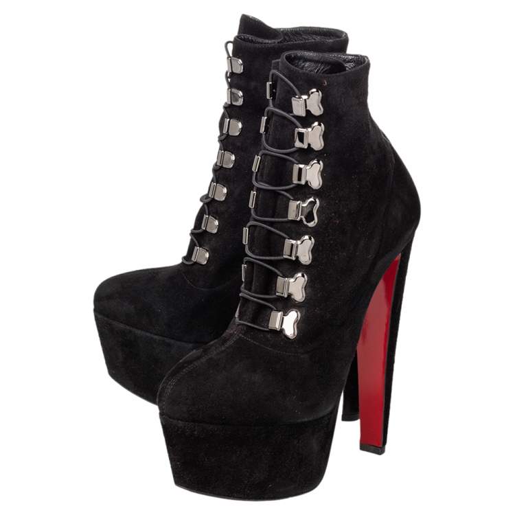 Pre Owned Christian Louboutin Black Suede Troopista Ankle Booties Size 38.5