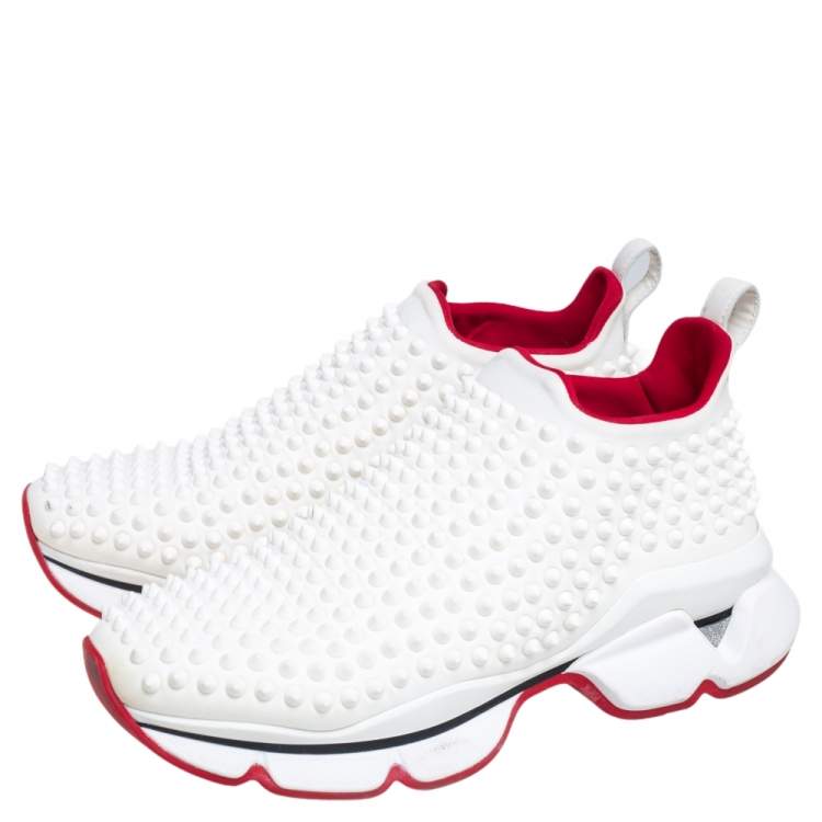 Pre Owned Christian Louboutin White Fabric Spike Sneakers Size 38