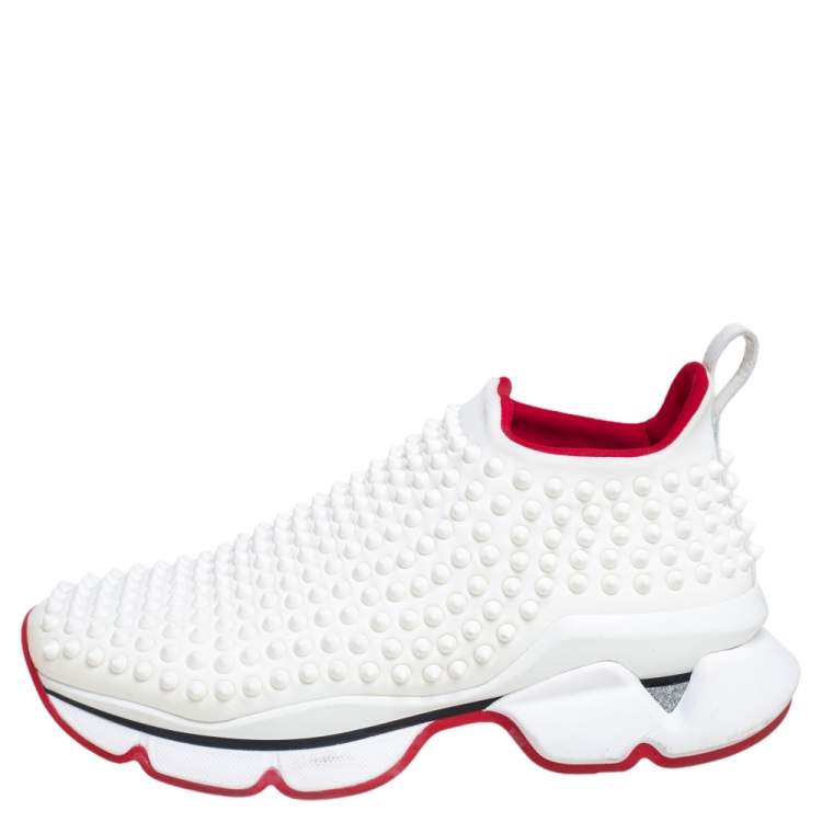 Pre Owned Christian Louboutin White Fabric Spike Sneakers Size 38