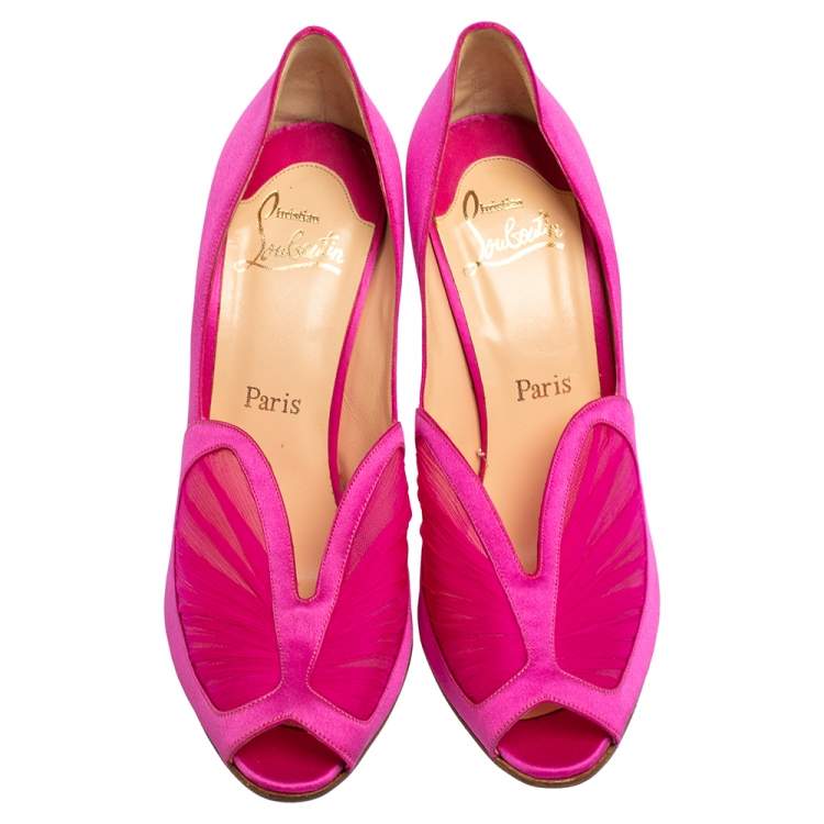 Pre Owned Christian Louboutin Pink Crepe Satin Peep Toe Pumps Size 39.5