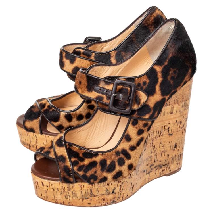 Pre Owned Christian Louboutin Brown Leopard Print Pony Hair Melides Cork Wedge Sandals Size 38.5